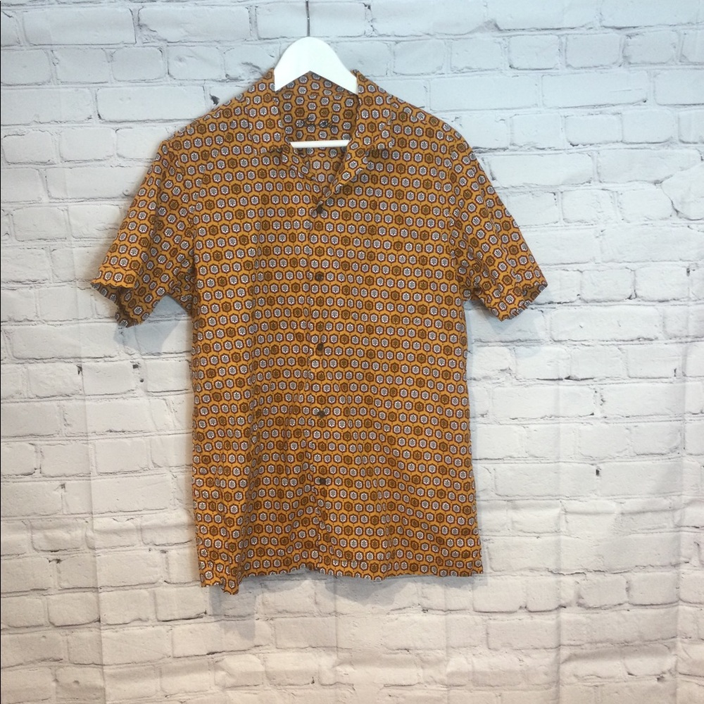 TASSO ELBA MUSTARD PRINT SHORT SLEEVE BUTTON DOWN SHIRT EUC SZ M